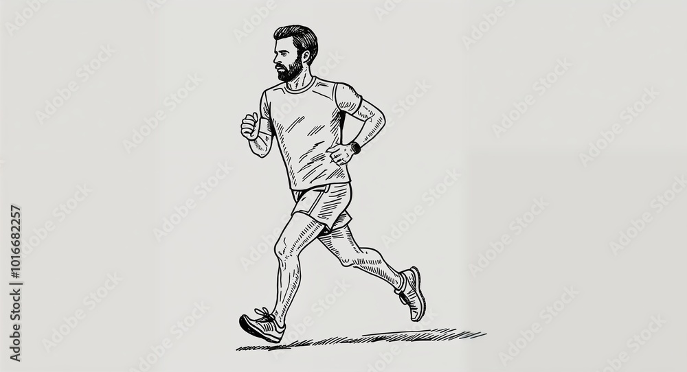 Fototapeta premium Hand drawing clipart of a man jogging outside on plain white background