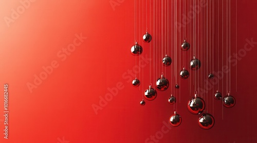 An arrangement of shiny black baubles suspended from thin strings against a bold red background. The striking contrast evokes a festive atmosphere, perfect for holiday celebrations or decorative displ photo