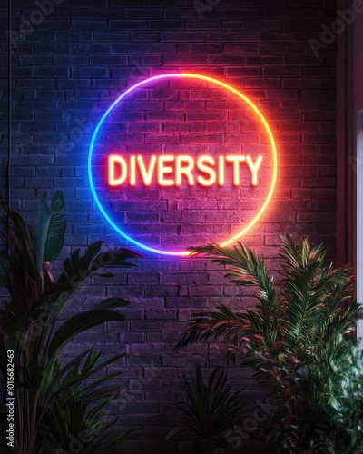 Vibrant Neon Diversity Sign on Brick Wall with Greenery photo