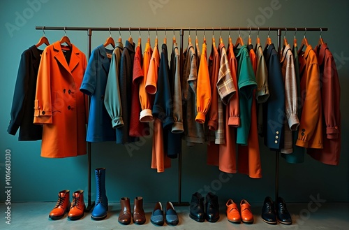 An organized clothes rack that is filled with various clothes and shoes photo