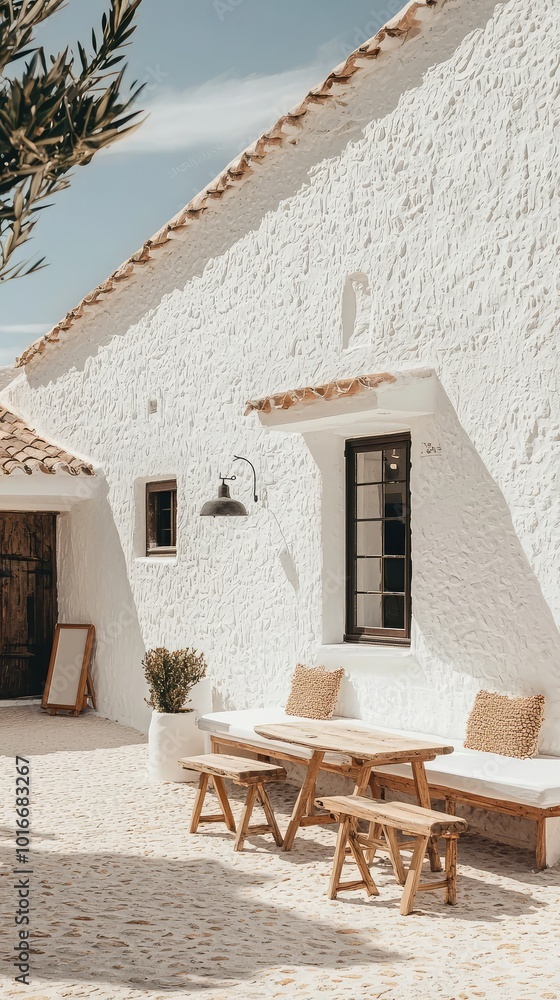 Fototapeta premium Charming white house exterior with wooden furniture, perfect for outdoor relaxation and showcasing serenity in a sunny setting.