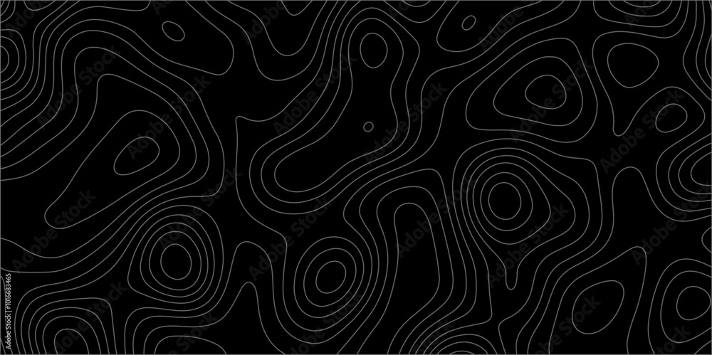 Fototapeta premium Abstract white on black background with Topographic line map pattern. abstract wavy and curved lines background. linear map. Dark seamless design. Bold tile able isolines pattern. Vector illustration.