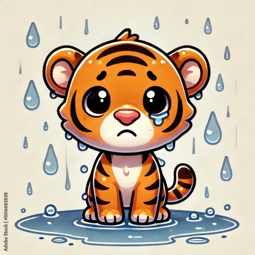 The image shows a cute baby tiger with orange fur, designed in a cartoon style, sitting playfully in a jungle scene surrounded by nature The image shows a cute baby tiger with orange fur, designed in a cartoon style, sitting playfully in a jungle scene surrounded by nature