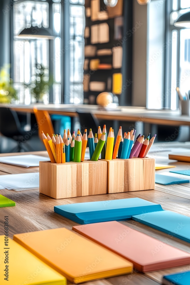 Colorful Pencils in Wooden Holder on Table with Papers. Colorful Pencils in Wooden Holder on Table with Papers.