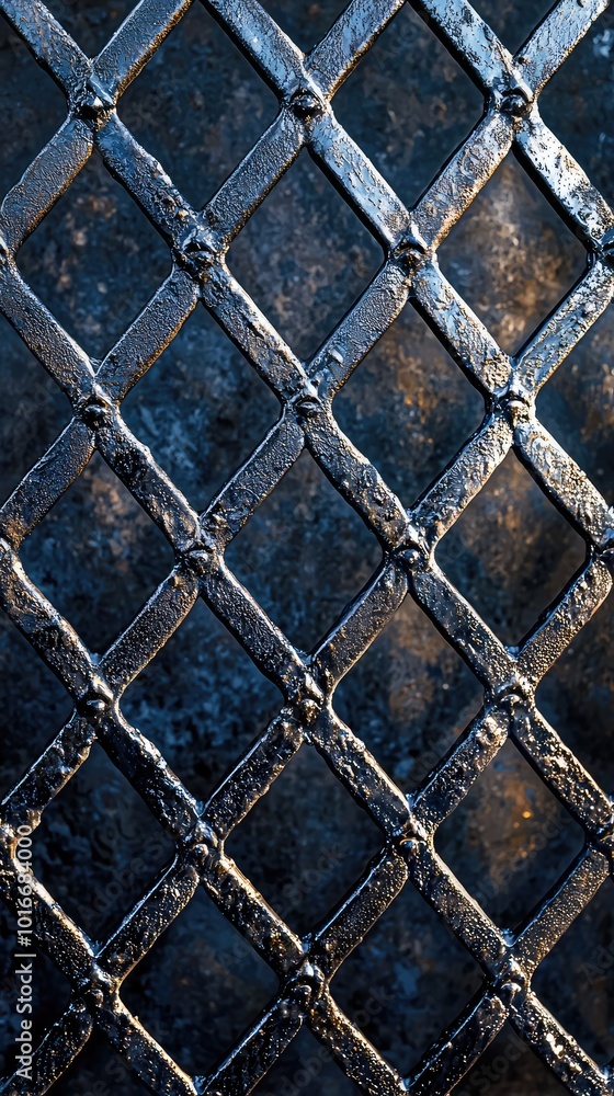 Fototapeta premium Close-up of a metallic grid showing intricate patterns and shadows, perfect for backgrounds and texture applications.