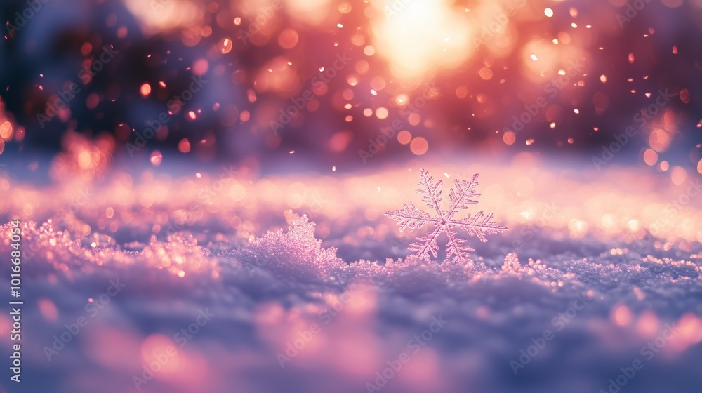 A single snowflake rests on sparkling snow, illuminated by a warm twilight glow and surrounded by magical bokeh lights. A single snowflake rests on sparkling snow, illuminated by a warm twilight glow and surrounded by magical bokeh lights.