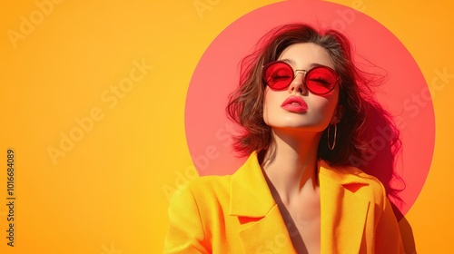 A fashion-forward woman poses in a bright yellow blazer and red sunglasses against a dynamic orange and yellow background, exuding modern elegance and charm. photo