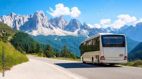 Scenic Mountain Road with Tour Bus in the Dolomites