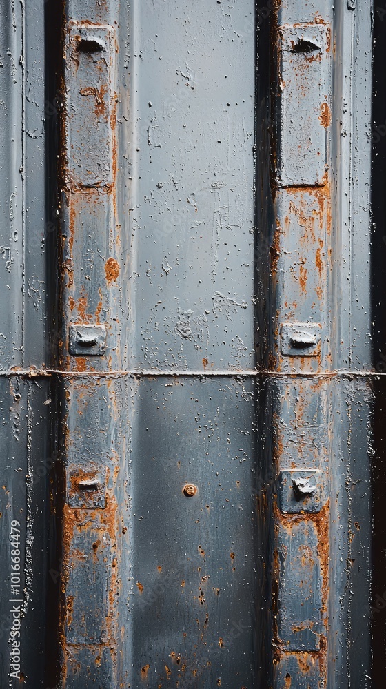 Close-up of a weathered metal surface showcasing rust and rivets, perfect for industrial or abstract backgrounds.