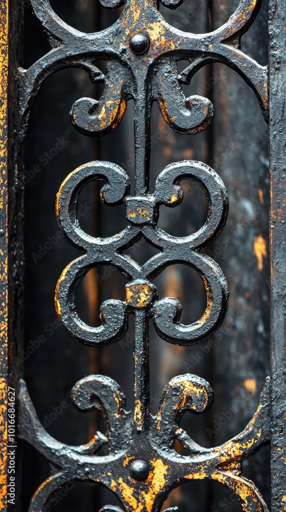 Close-up of an ornate wrought iron gate showcasing intricate details and a rustic patina, perfect for architectural and vintage themes. Close-up of an ornate wrought iron gate showcasing intricate details and a rustic patina, perfect for architectural and vintage themes.