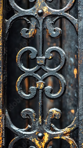 Close-up of an ornate wrought iron gate showcasing intricate details and a rustic patina, perfect for architectural and vintage themes.