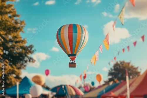 A colorful hot air balloon floats peacefully in a bright blue sky. Joyful decorations surround the festival grounds. This image captures a perfect summer day. Generative AI photo