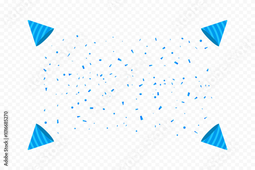 Exploding Party Popper With Blue Confetti Isolated On White Background. Happy Birthday Wallpaper. New Year Banner. Vector Illustration. Congratulations