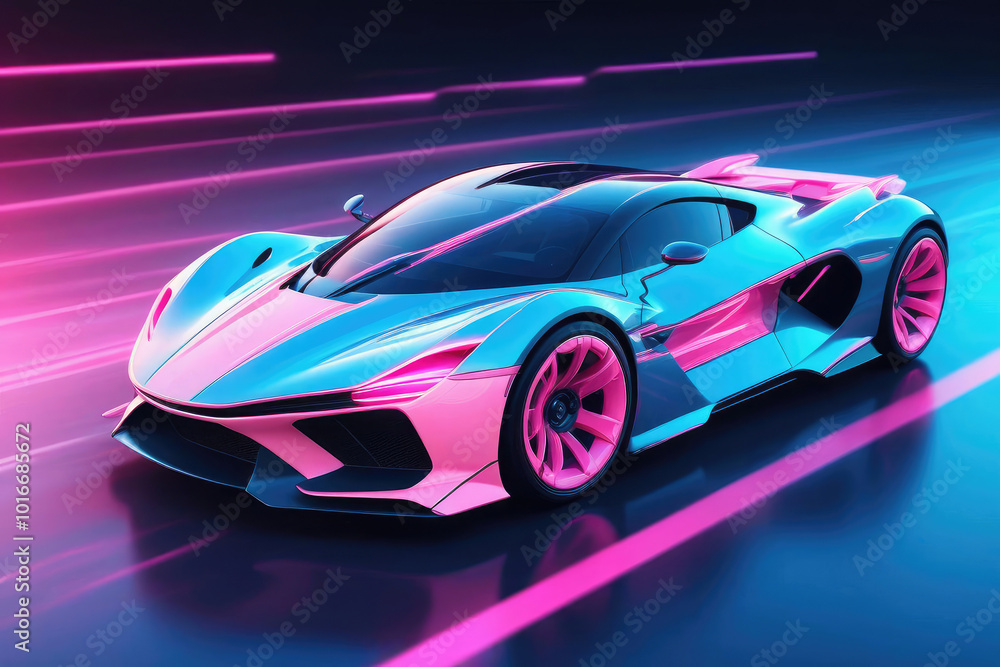 Luxury sports car in neon sky blue and pink lights, powerful acceleration of a supercar. Luxury sports car in neon sky blue and pink lights, powerful acceleration of a supercar.