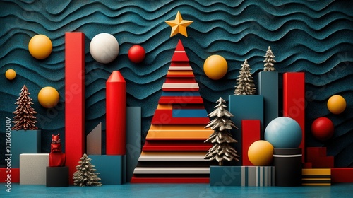 A vibrant arrangement of Christmas decorations featuring a stylized tree made of colorful geometric shapes. Surrounding the tree are various abstract forms, including spheres, pyramids, and trees, aga photo