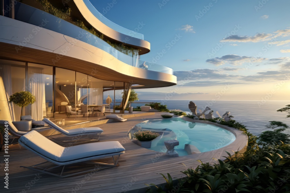 Fototapeta premium Cozy modern living room featuring warm wood accents and a stylish fireplace