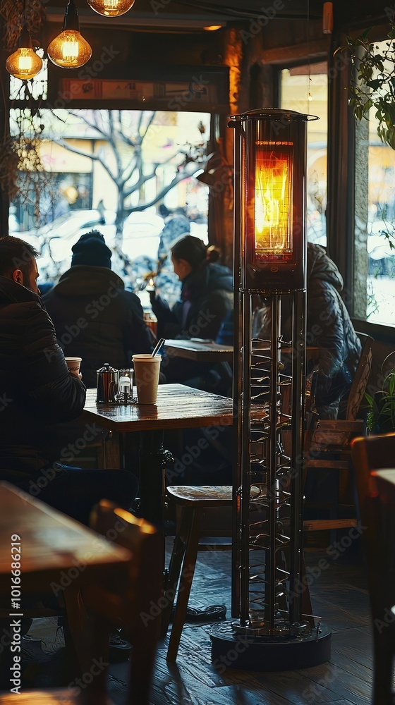 Fototapeta premium Cozy cafe scene with warm lighting, featuring patrons enjoying their drinks and lively conversations on a winter day.
