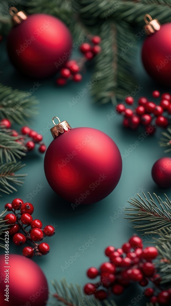 Vibrant red ornaments rest among lush green pine branches and clusters of red berries, creating a warm and festive atmosphere perfect for holiday celebrations. The rich colors enhance the seasonal spi Vibrant red ornaments rest among lush green pine branches and clusters of red berries, creating a warm and festive atmosphere perfect for holiday celebrations. The rich colors enhance the seasonal spi
