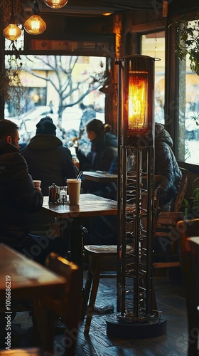 Cozy cafe scene with warm lighting, featuring patrons enjoying their drinks and lively conversations on a winter day.