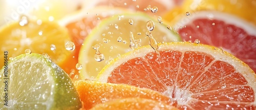 Fototapeta Naklejka Na Ścianę i Meble -  Juicy citrus fruits like oranges lemons and grapefruits being sliced open with vibrant spraying droplets of juice against a bright fresh and colorful background