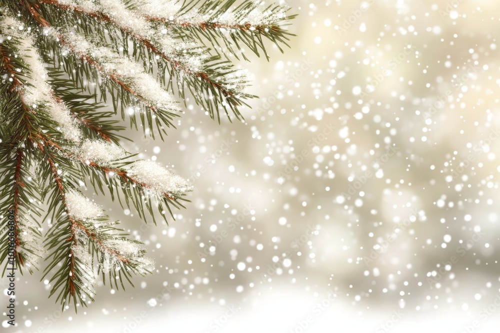 In winter, falling snow covers pine tree branches In winter, falling snow covers pine tree branches