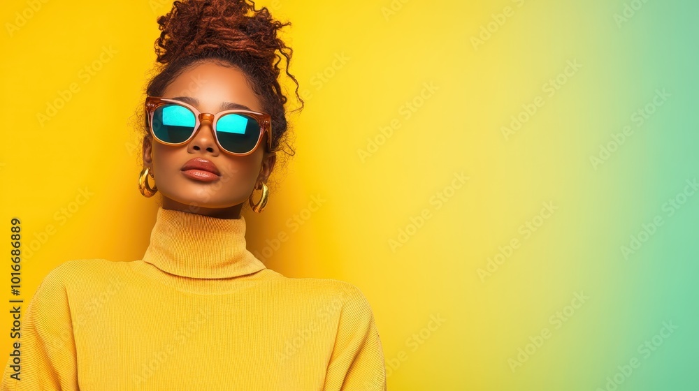 A woman dressed in yellow with chic sunglasses against a vibrant yellow background, conveying confidence, creativity, and modern fashion sense. A woman dressed in yellow with chic sunglasses against a vibrant yellow background, conveying confidence, creativity, and modern fashion sense.