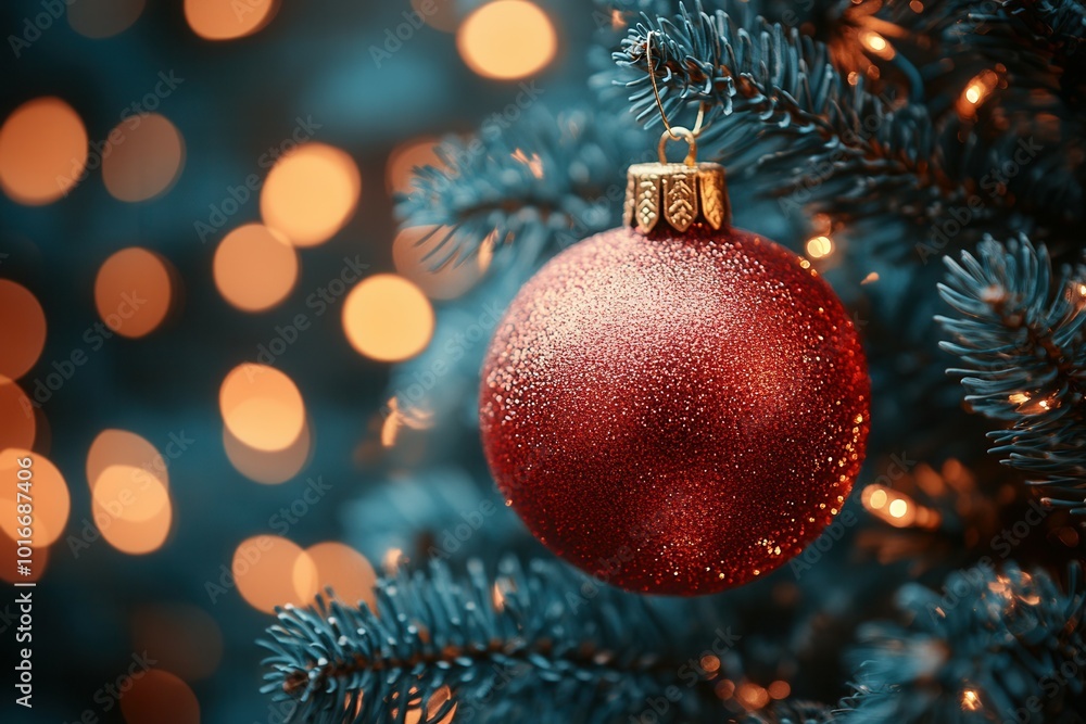 A beautifully crafted red ornament sparkles on the branches of a Christmas tree, complementing the soft glow of warm lights in the background. The festive atmosphere suggests the holiday spirit is in A beautifully crafted red ornament sparkles on the branches of a Christmas tree, complementing the soft glow of warm lights in the background. The festive atmosphere suggests the holiday spirit is in
