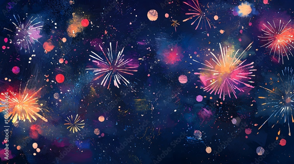 Fototapeta premium Vibrant Fireworks Bursting Over Night Sky with Brushstroke Texture