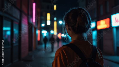 Young woman walking home alone at night in the dark street, concept of insecurity and fear of walking alone at night photo