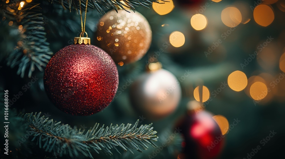 A close-up of sparkling red, gold, and silver ornaments hanging delicately from green branches of a festively decorated Christmas tree. Soft glow from string lights adds warmth. Ample copy space A close-up of sparkling red, gold, and silver ornaments hanging delicately from green branches of a festively decorated Christmas tree. Soft glow from string lights adds warmth. Ample copy space