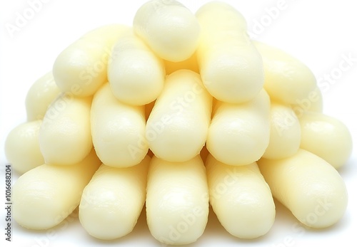 Close-up of a pile of small, white, round and slightly elongated mochi.