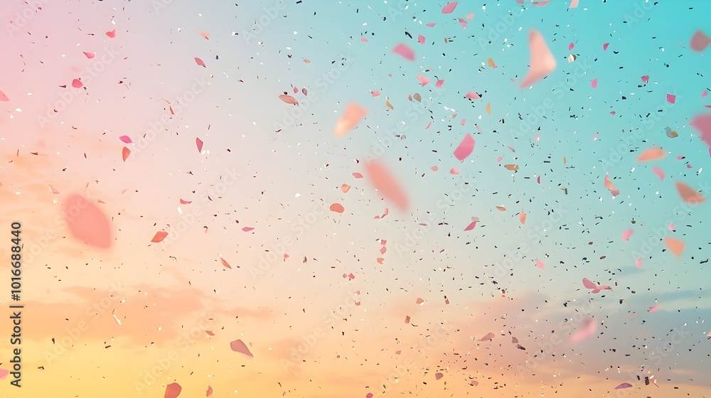 Soft Pastel Confetti Drifting Over Gradient Sunset Sky for Backdrop Soft Pastel Confetti Drifting Over Gradient Sunset Sky for Backdrop