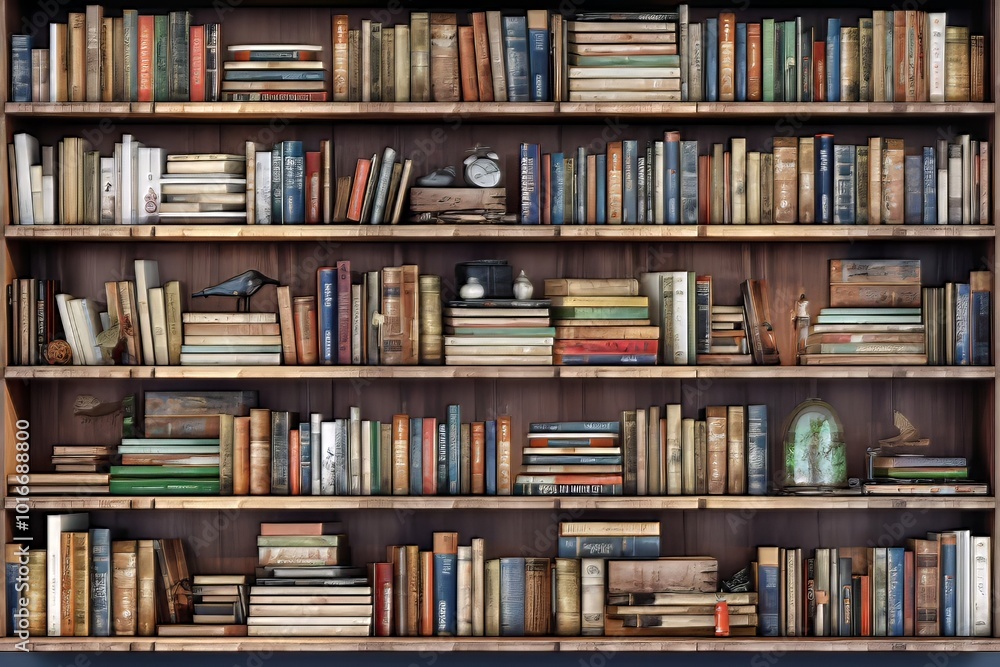 A cozy bookshelf filled with an array of vintage books and decorative items A cozy bookshelf filled with an array of vintage books and decorative items
