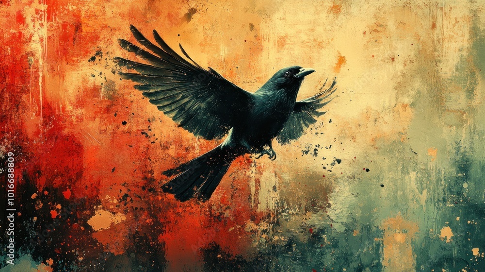 Fototapeta premium A Raven in Flight Against an Abstract Background