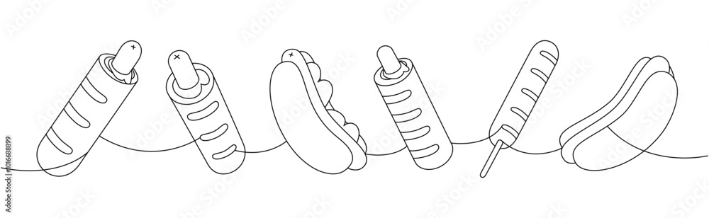 Hot dog set one line continuous drawing. Hotdog, French hot dog, corn dog continuous one line illustration. Vector linear illustration. Hot dog set one line continuous drawing. Hotdog, French hot dog, corn dog continuous one line illustration. Vector linear illustration.