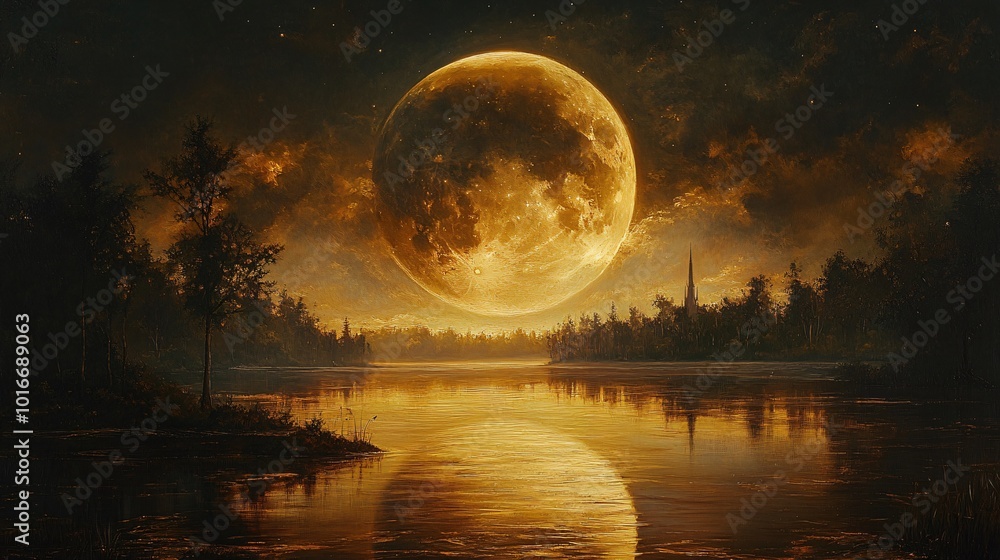 Serene Lake Under Glowing Moonlight at Night