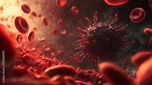 Detailed close-up of a virus cell surrounded by red blood cells, showcasing a vibrant and dynamic biological environment. photo