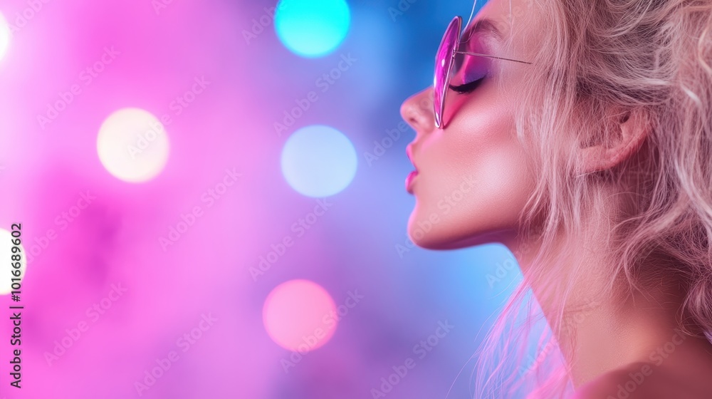 A woman in profile wearing vibrant pink sunglasses set against a neon-lit backdrop, showcasing vivid colors and modern aesthetics for creative visual content. A woman in profile wearing vibrant pink sunglasses set against a neon-lit backdrop, showcasing vivid colors and modern aesthetics for creative visual content.