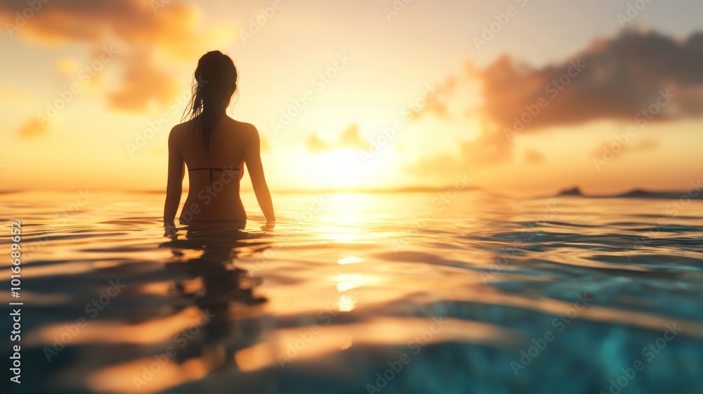 A serene sunset view over water with a person silhouetted against the vibrant sky. A serene sunset view over water with a person silhouetted against the vibrant sky.