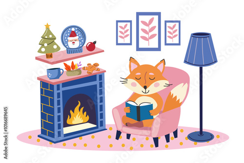 Cute fox reading by cozy fireplace, surrounded by festive Christmas decorations: snow globe, Christmas tree and gingerbread cookies. Warm Christmas holiday scene. Vector illustration.