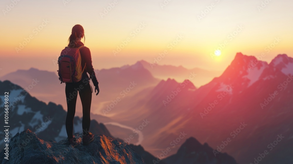 A hiker watches a beautiful sunset over mountain peaks, capturing a sense of adventure. A hiker watches a beautiful sunset over mountain peaks, capturing a sense of adventure.
