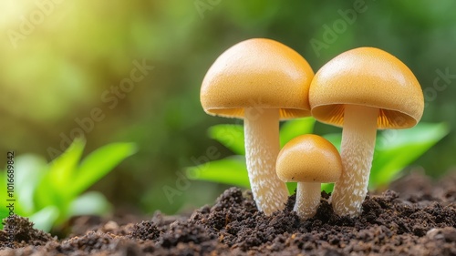 Three small golden mushrooms grow from the dark soil, surrounded by vibrant green vegetation, creating a serene forest scene.