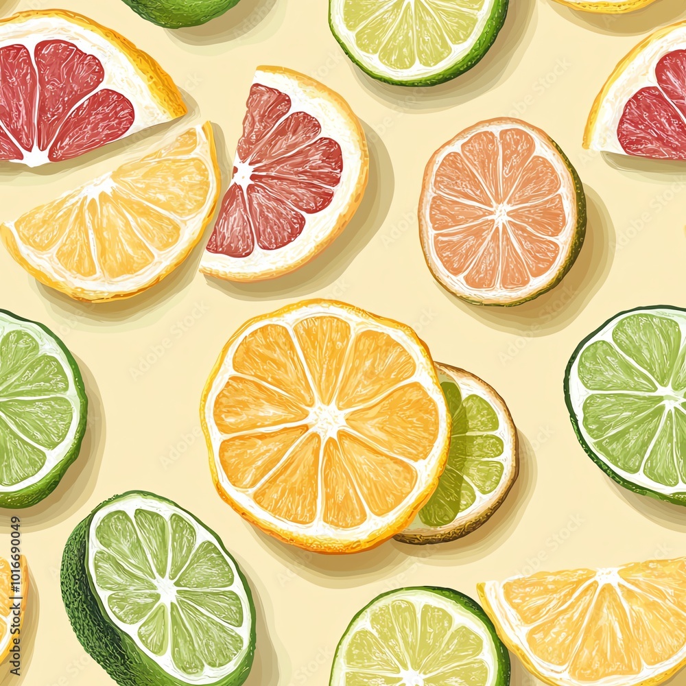 Vector illustration of ugli fruit slices, buff pastel background, top down view Vector illustration of ugli fruit slices, buff pastel background, top down view