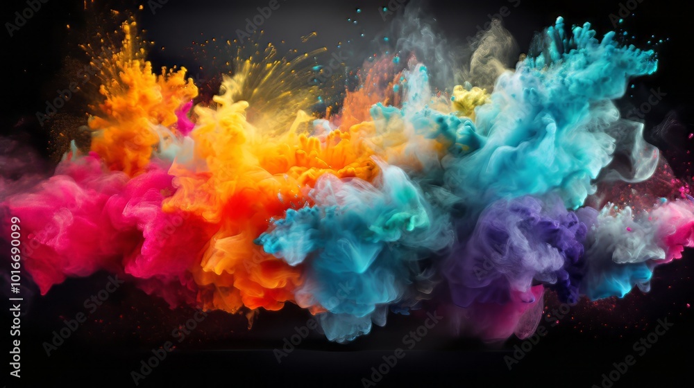 Vibrant explosion of colorful smoke filling the dark background Vibrant explosion of colorful smoke filling the dark background