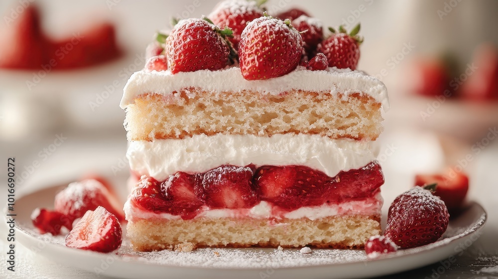 Detailed close-up of a cake slice with layers of strawberries and cream, beautifully presented with whole strawberries on top, showcasing culinary artistry and delight. Detailed close-up of a cake slice with layers of strawberries and cream, beautifully presented with whole strawberries on top, showcasing culinary artistry and delight.