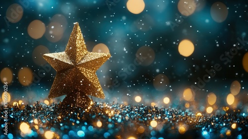 A glittering golden star decoration stands prominently on a shimmering surface, surrounded by colorful bokeh lights. Snowflakes gently fall, enhancing the magical winter atmosphere and creating a warm