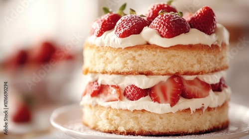 Two-layer strawberry cake adorned with fresh cream and berries, set against a comforting background, conveying a sense of homemade warmth and culinary delight.