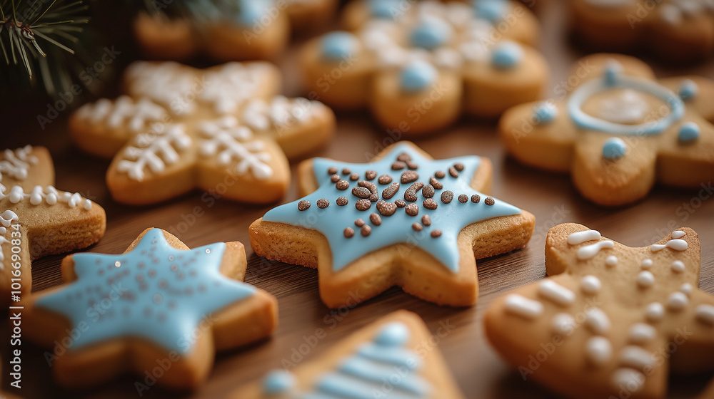 Festive Christmas cookies decorated with blue and white icing Festive Christmas cookies decorated with blue and white icing