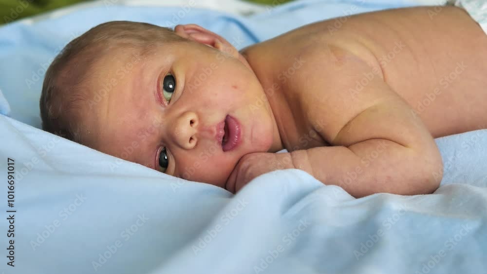 A newborn baby lying on its stomach on light blue bed linen, eyes open and alert. Close-up A newborn baby lying on its stomach on light blue bed linen, eyes open and alert. Close-up