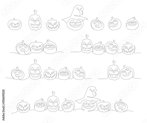 Stylized one line graphic halloween pumpkins in a big vector set of clip art